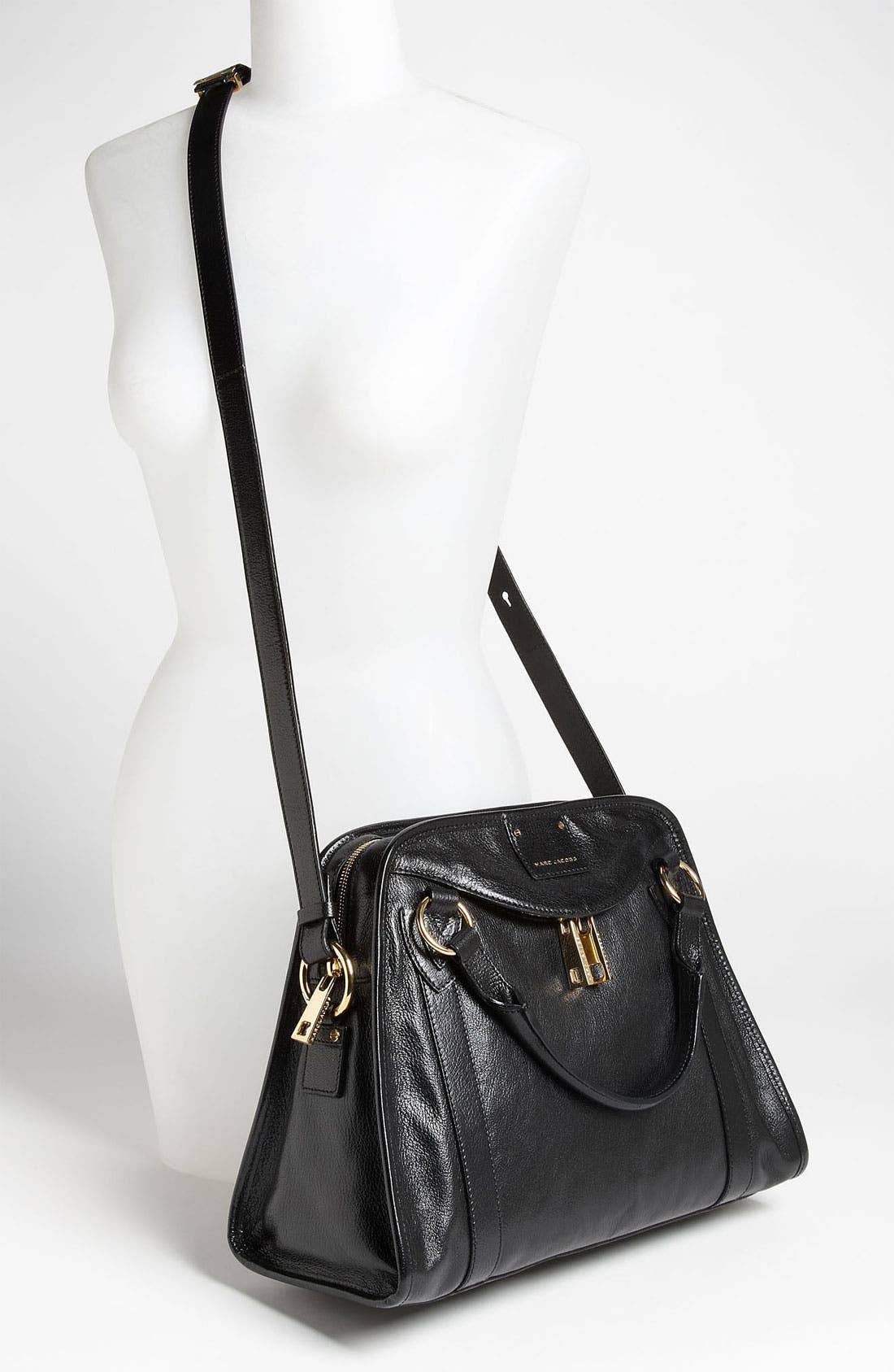 'Classic Wellington' Leather Satchel, Alternate, color, BLACK WITH BRASS