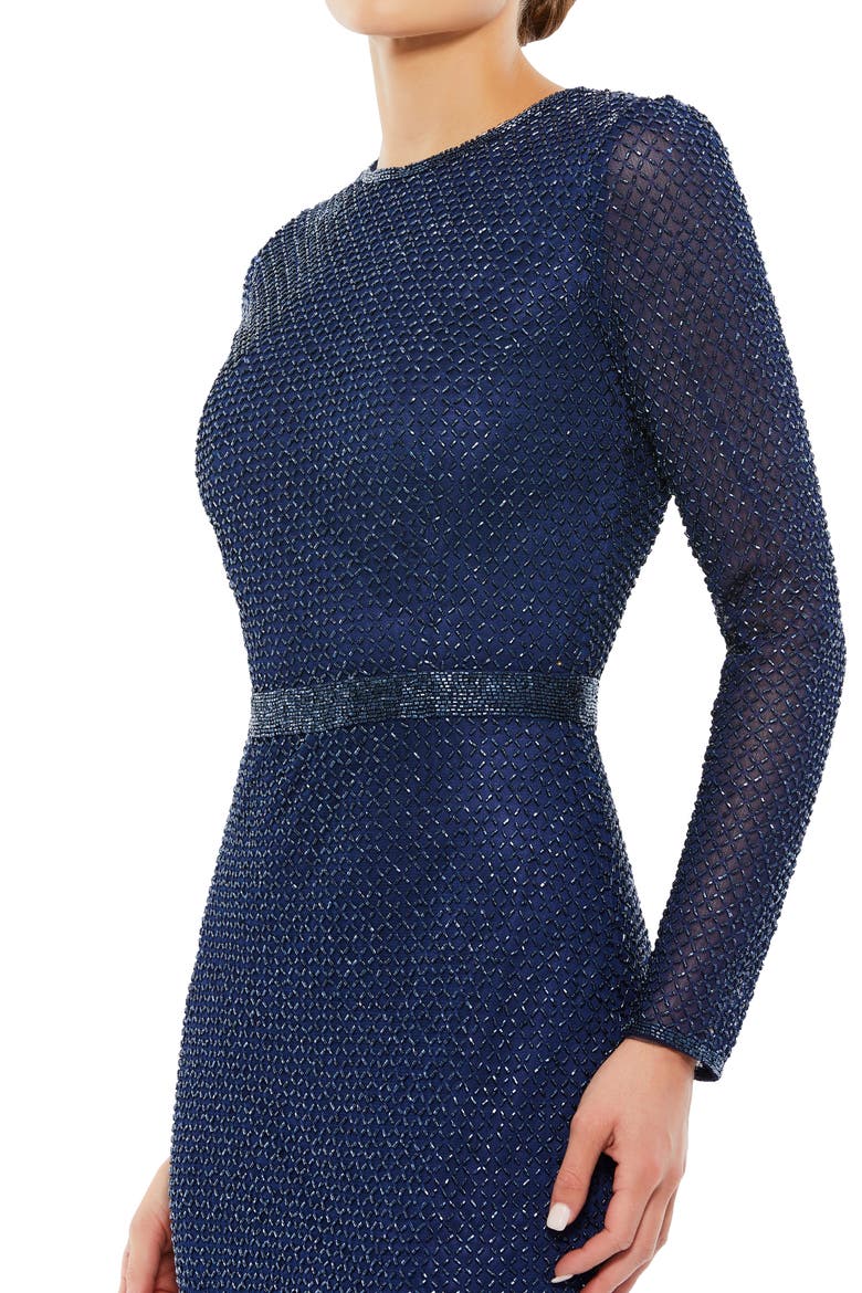 Bugle Bead Long Sleeve Sheath Gown, Alternate, color, MIDNIGHT