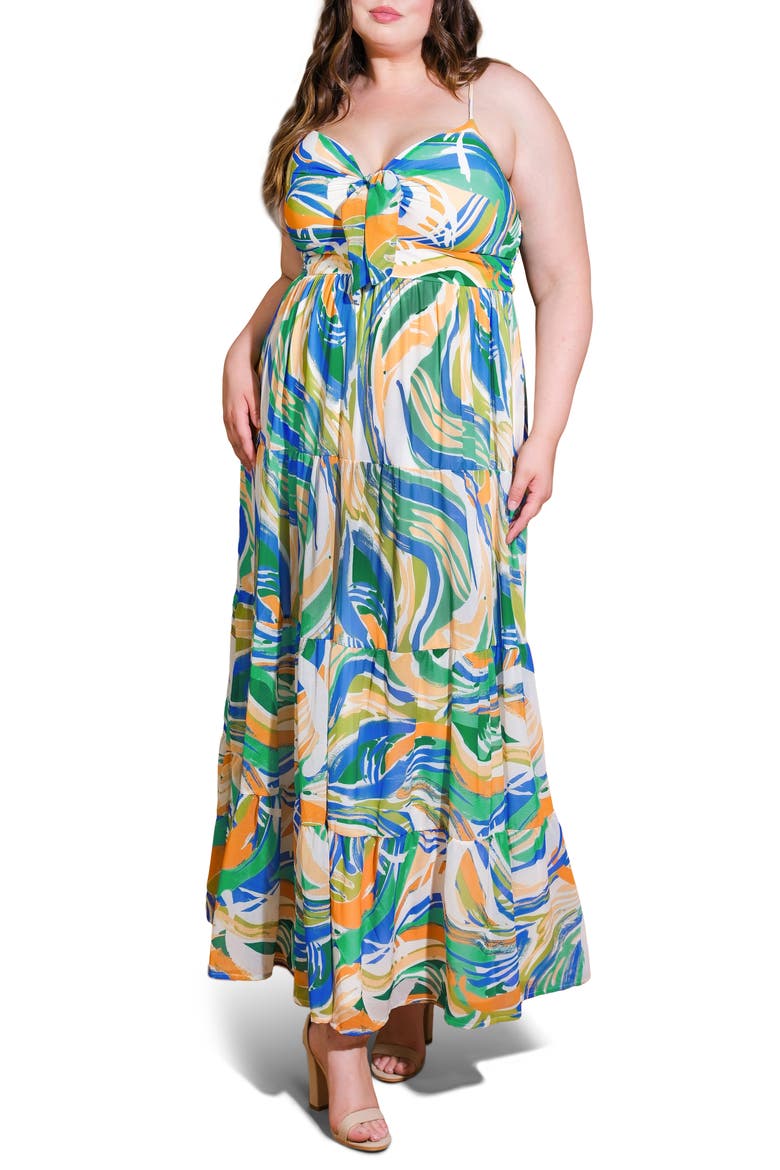 Printed Tiered Maxi Sundress, Main, color, GREEN BLUE