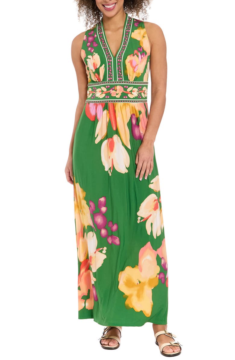 London Times V-Neck Maxi Dress, Main, color, Green/ Yellow