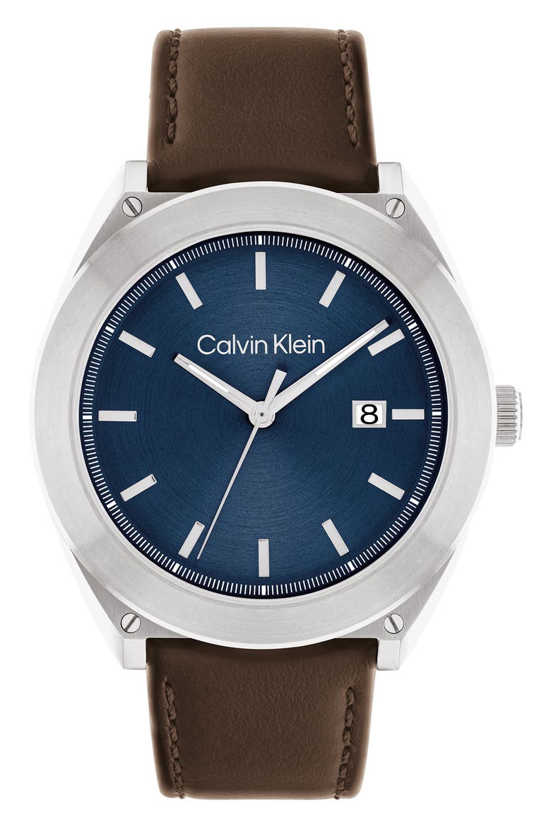 Progressive Leather Strap Watch, 44mm, Main, color, BLUE
