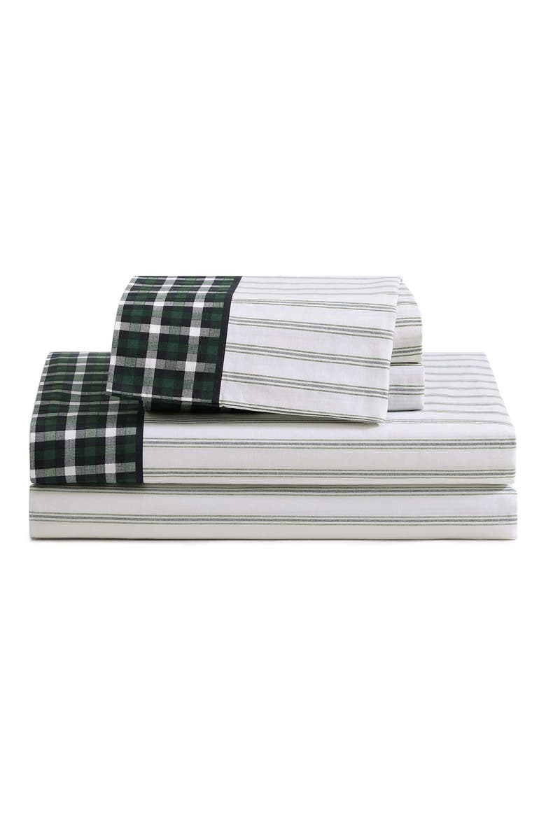 Cass Park Mix Check Stripe Cotton Percale Sheet Set, Main, color, PARADISE GREEN