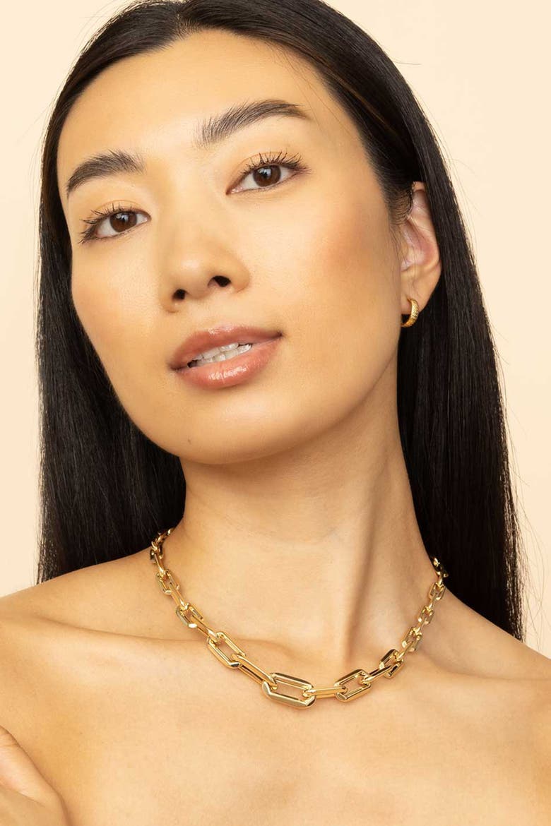 14K Yellow Gold Moto Mini Hoops, Alternate, color, Yellow Gold