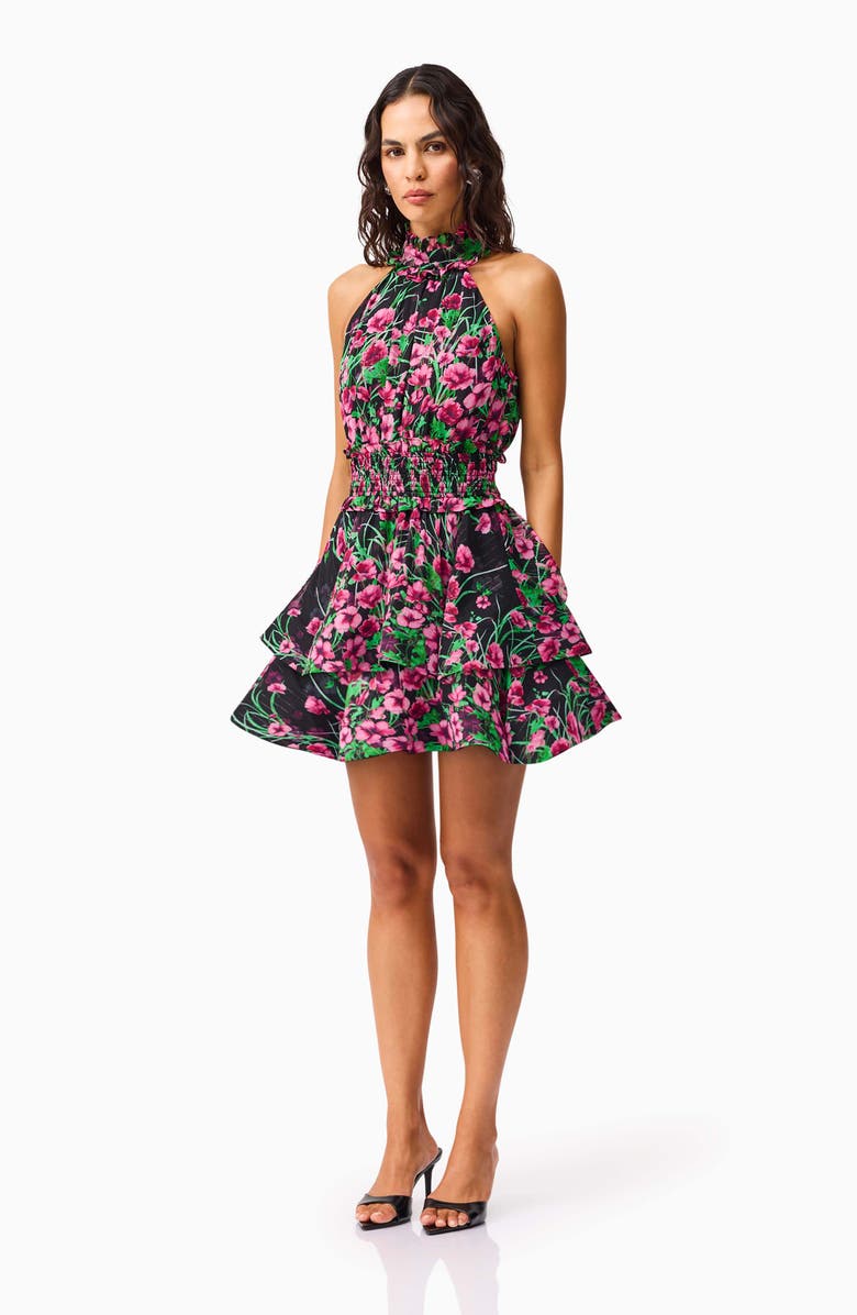 Elliatt Estelle Metallic Floral Smocked Waist Fit & Flare Minidress, Alternate, color, Black Multi
