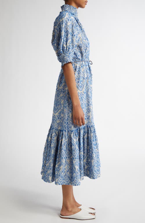 Zimmermann Wylie Belted Tiered Embroidered Cotton Midi Dress In Blue