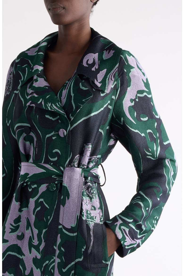 Rolanas Abstract Floral Jacquard Crepe Trench Coat, Alternate, color, DARK GREEN