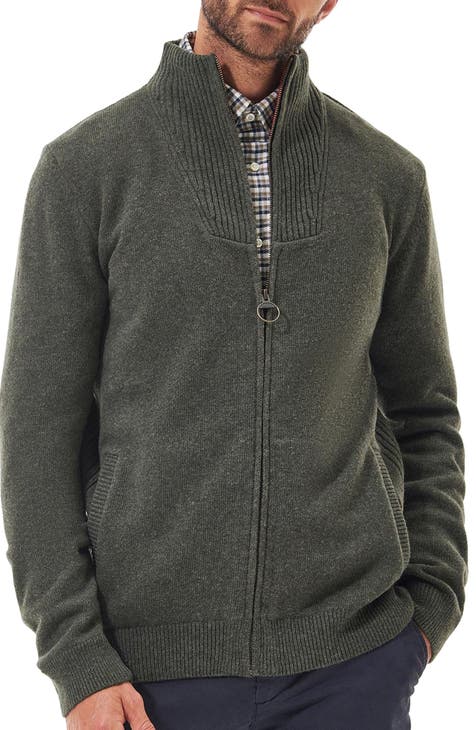 Barbour Men's Heather Grey Ribbed Knit Wool top Zip Up Cardigan Patched Elbow Size L