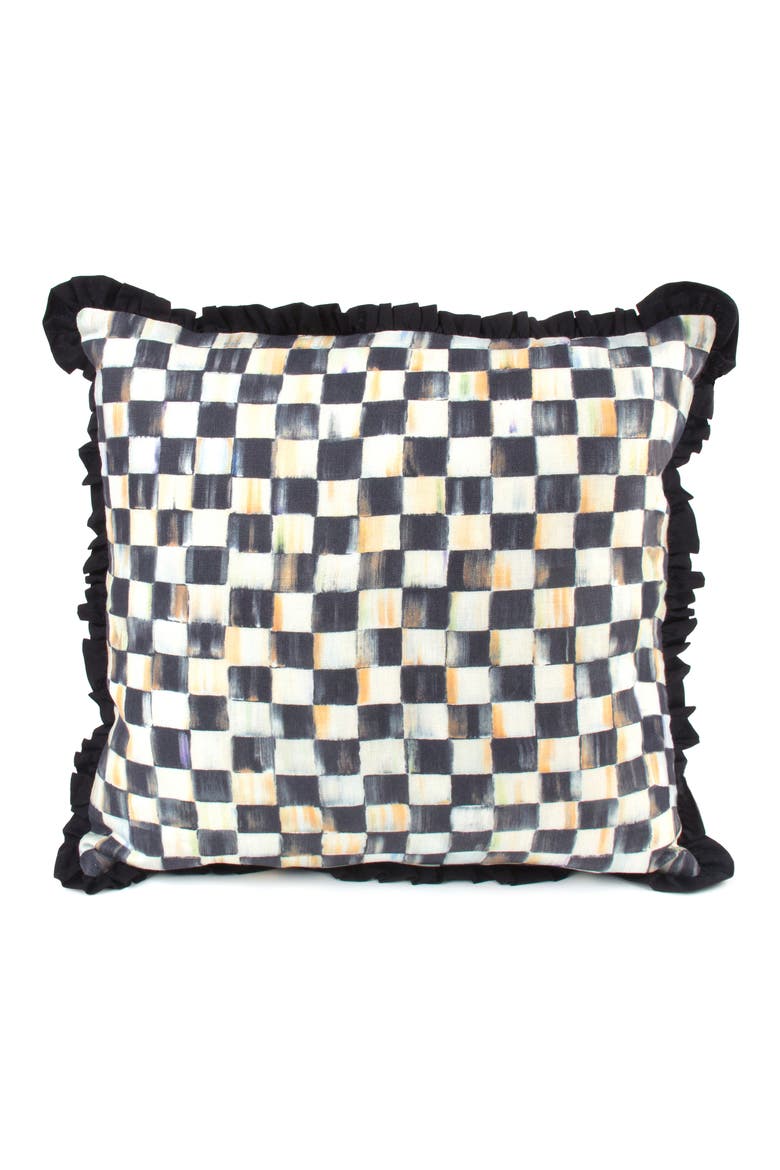 Courtly Check Ruffle Accent Pillow, Main, color, BLACK/ WHITE