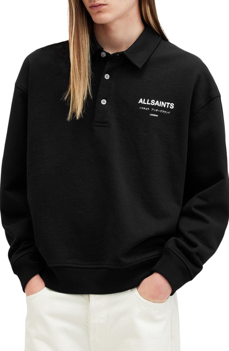 AllSaints Underground Relaxed Fit Organic Cotton Polo Sweatshirt, Main, color, Jet Black