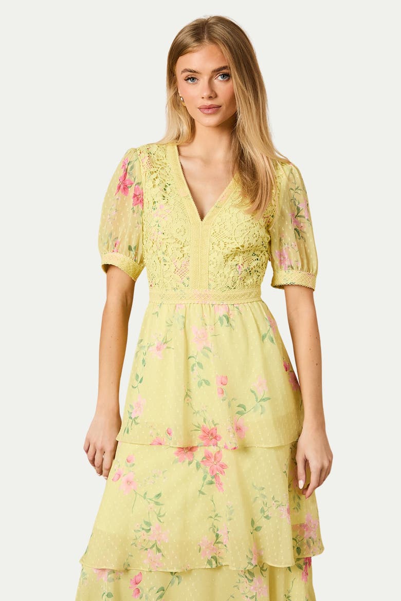 Lace Bodice Tiered Midi Dress, Alternate, color, Chartreuse