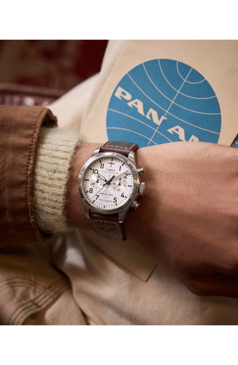 Timex<sup>®</sup> x Pan Am<sup>®</sup> Waterbury Ace Chronograph Leather Strap Watch, 41mm, Alternate, color, Silver-Tone