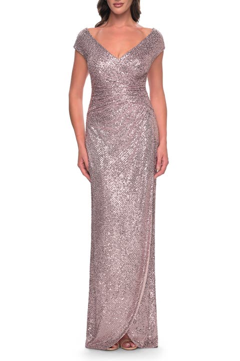 Sequin Evening Dress with Ruching and V Neckline