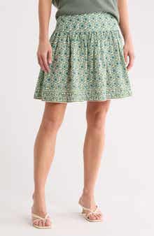 Sunflower Print Shirred Miniskirt