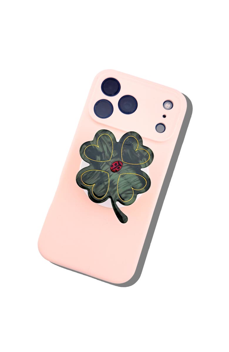 Solar Eclipse Hand Painted Lucky Clover Phone Grip, Alternate, color, Green