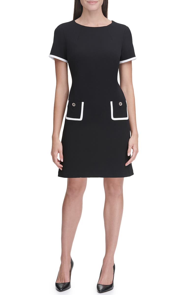Tommy Hilfiger Short Sleeve Scuba Crepe Contrast Trim Dress, Main, color, Black.ivory