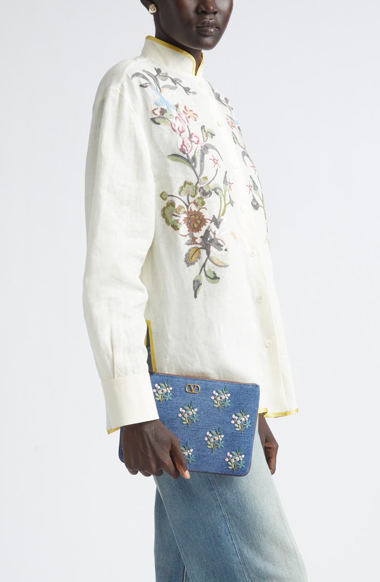 Valentino Garavani Medium VLOGO Embroidered Denim Pouch, Alternate, color, Blue Multi