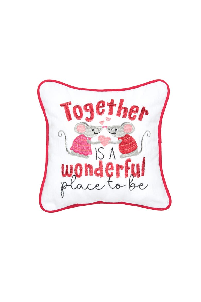 "Together Is A Wonderful Place to Be" Valentine's Day Mouse Cotton Blend Mini Accent Pillow 10" x 10", Main, color, White
