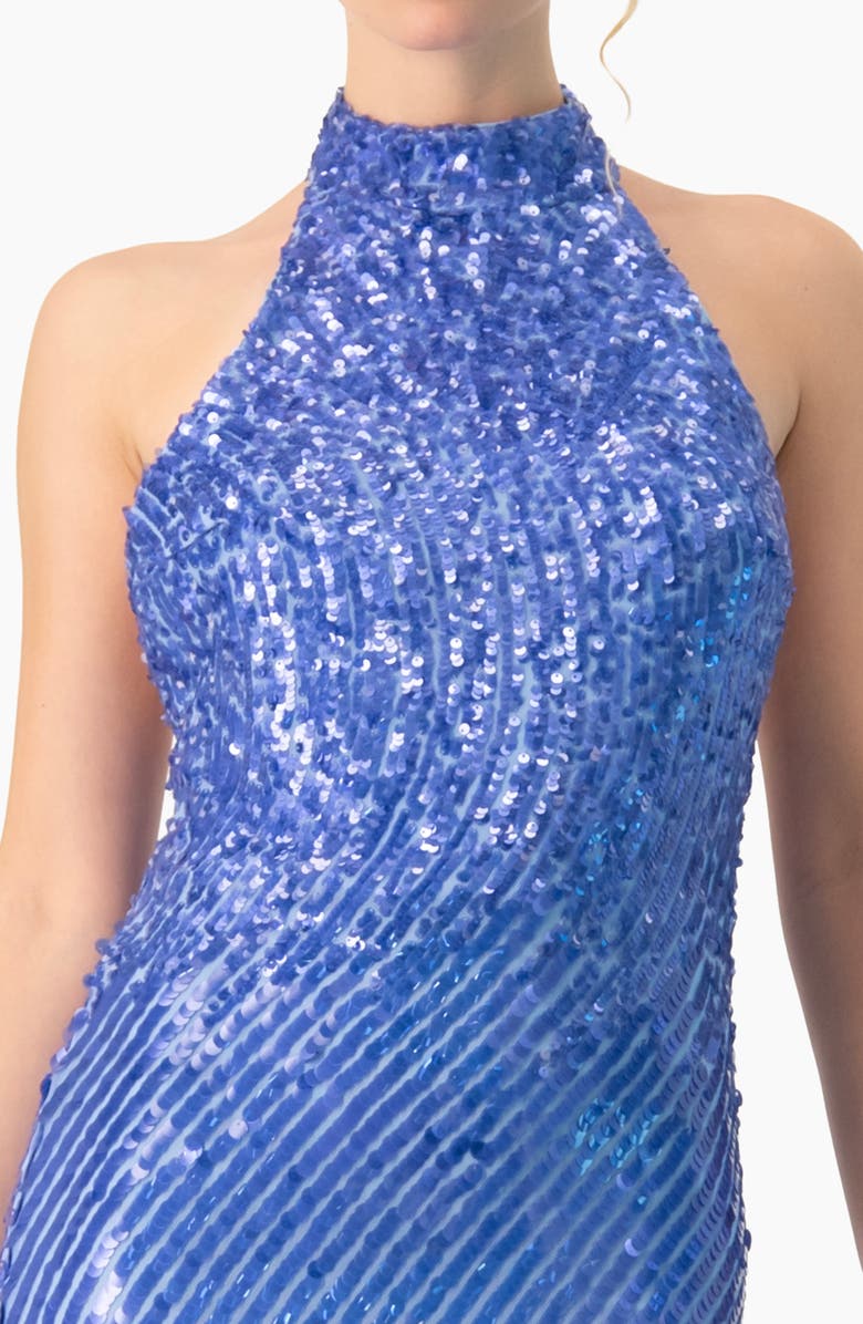 IVONNE Halter Paillette Sequin Midi Dress With Open-Back, Alternate, color, Blue