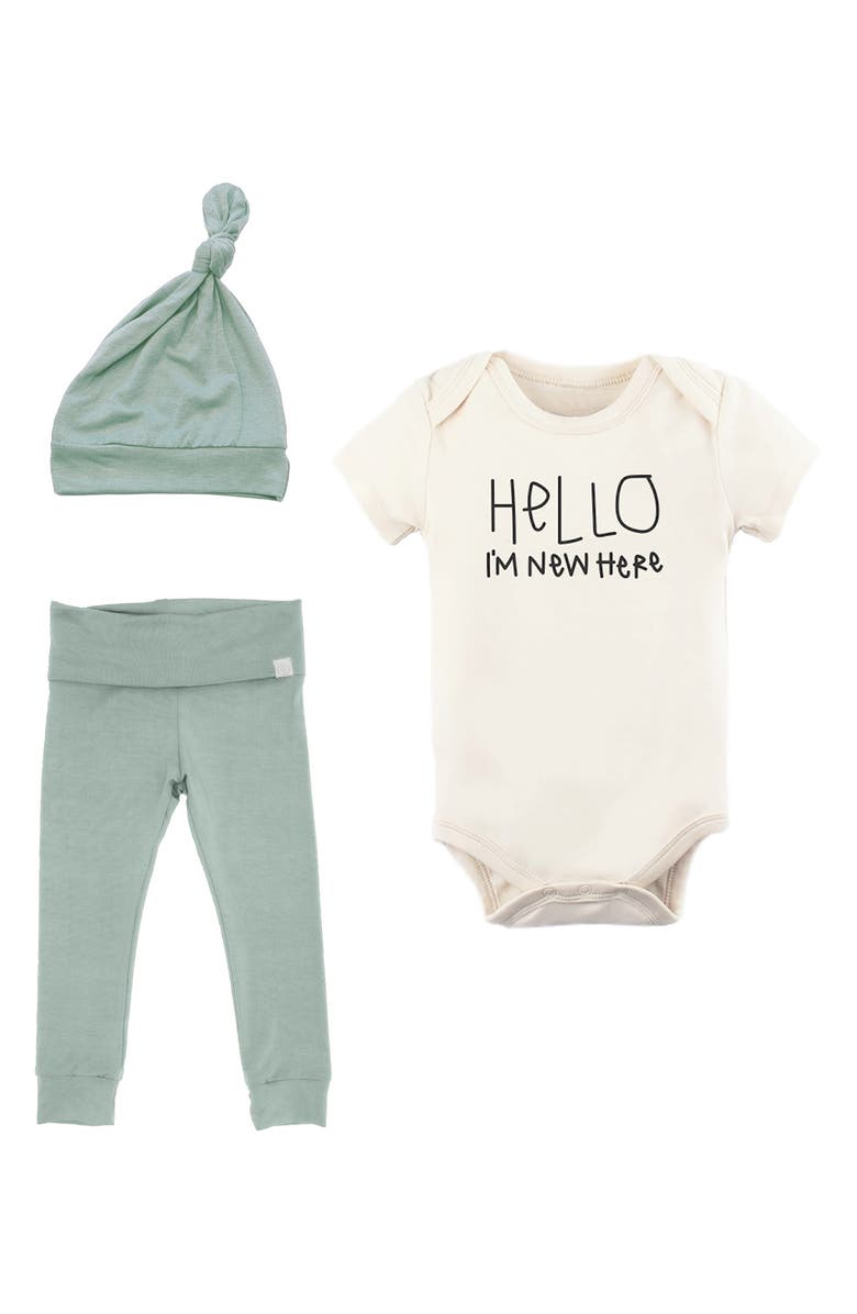 Tenth & Pine Hello, I'm New Here Bodysuit, Pants & Hat Set, Main, color,