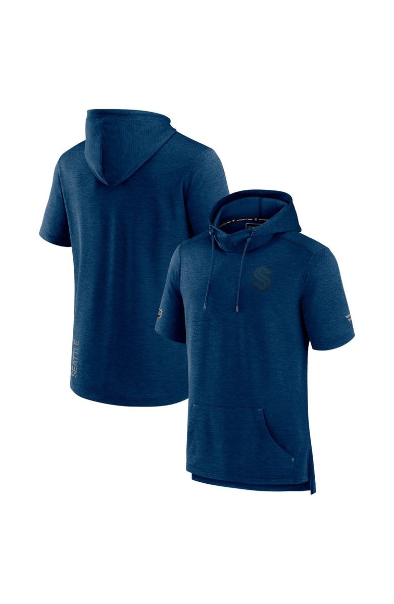 FANATICS Men's Fanatics Branded Heather Deep Sea Blue Seattle Kraken Authentic Pro Road Performance Short Sleeve Pullover Hoodie, Main, color, 