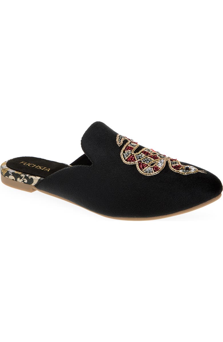FUCHSIA Embroidered Serpent Pointed Toe Mule, Main, color, Black