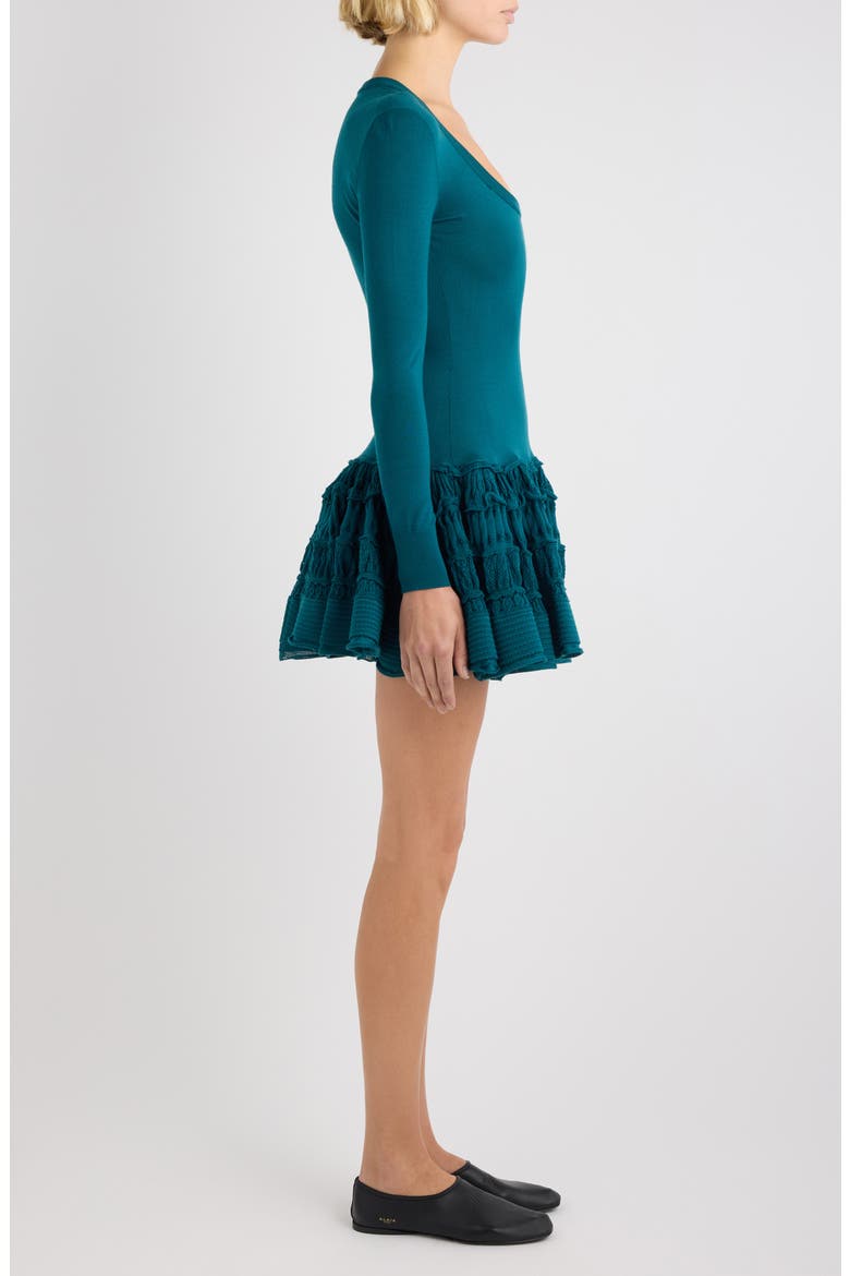 Long Sleeve Ruffle Drop Waist Wool Blend Minidress, Alternate, color, VERT PETROLE