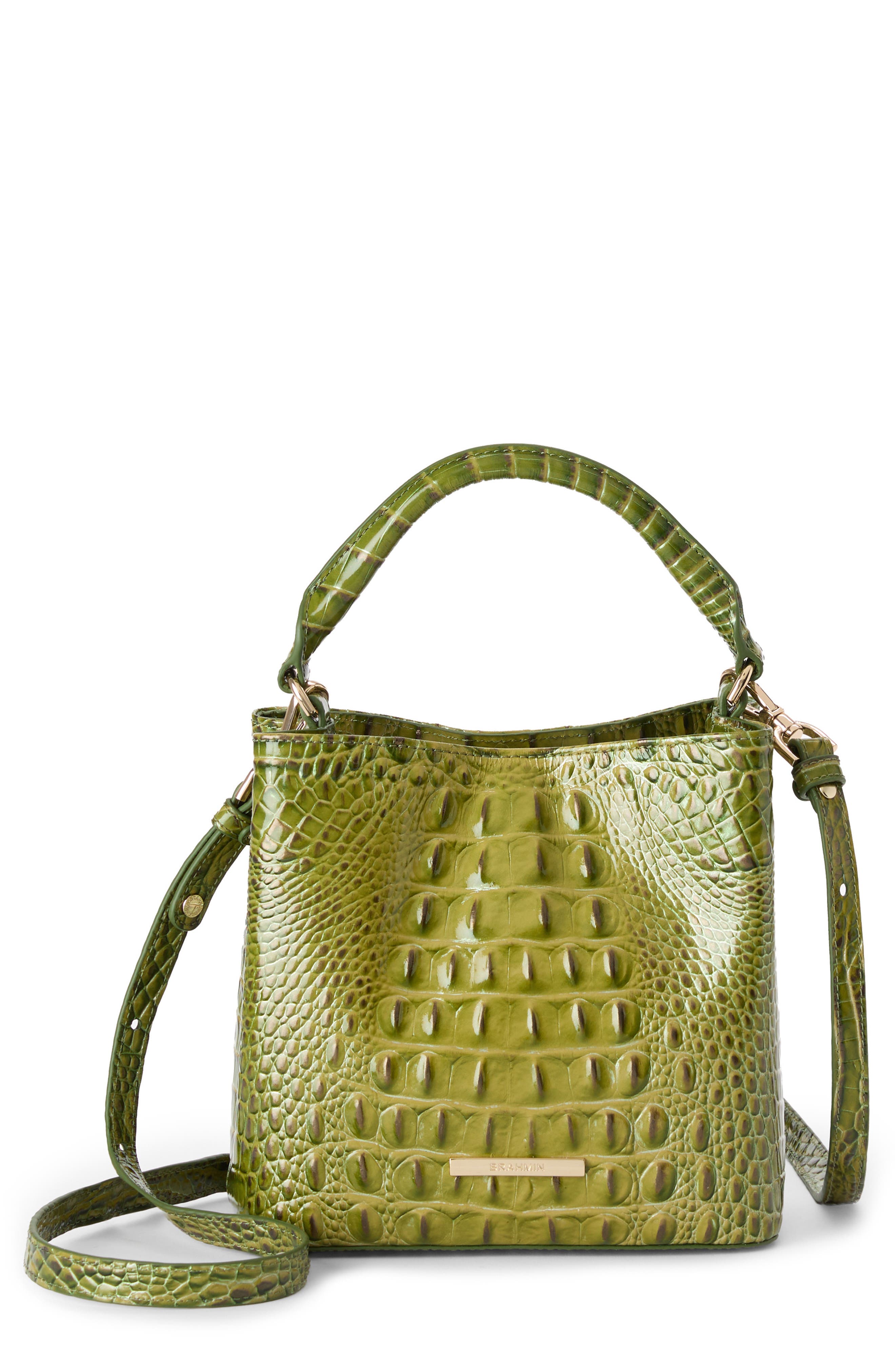 Brahmin Mini Amelia Croc Embossed Leather Top Handle Bucket Bag, Main, color, Olive
