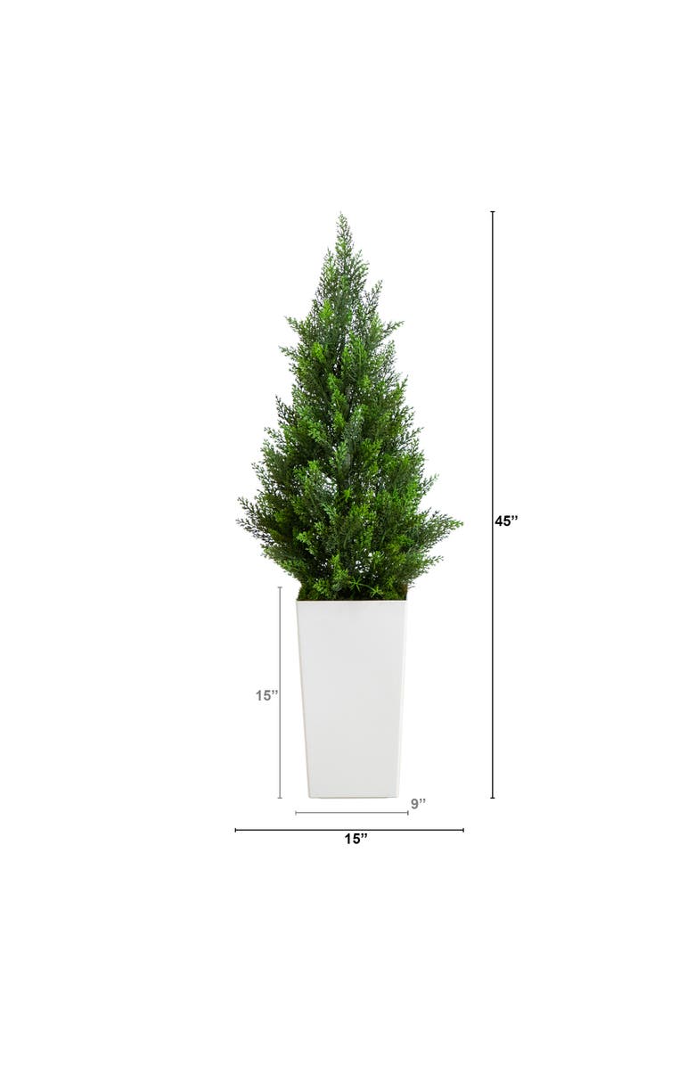 NEARLY NATURAL 3-ft UV Resistant Artificial Cedar Tree in White Tower Planter, Alternate, color, Green