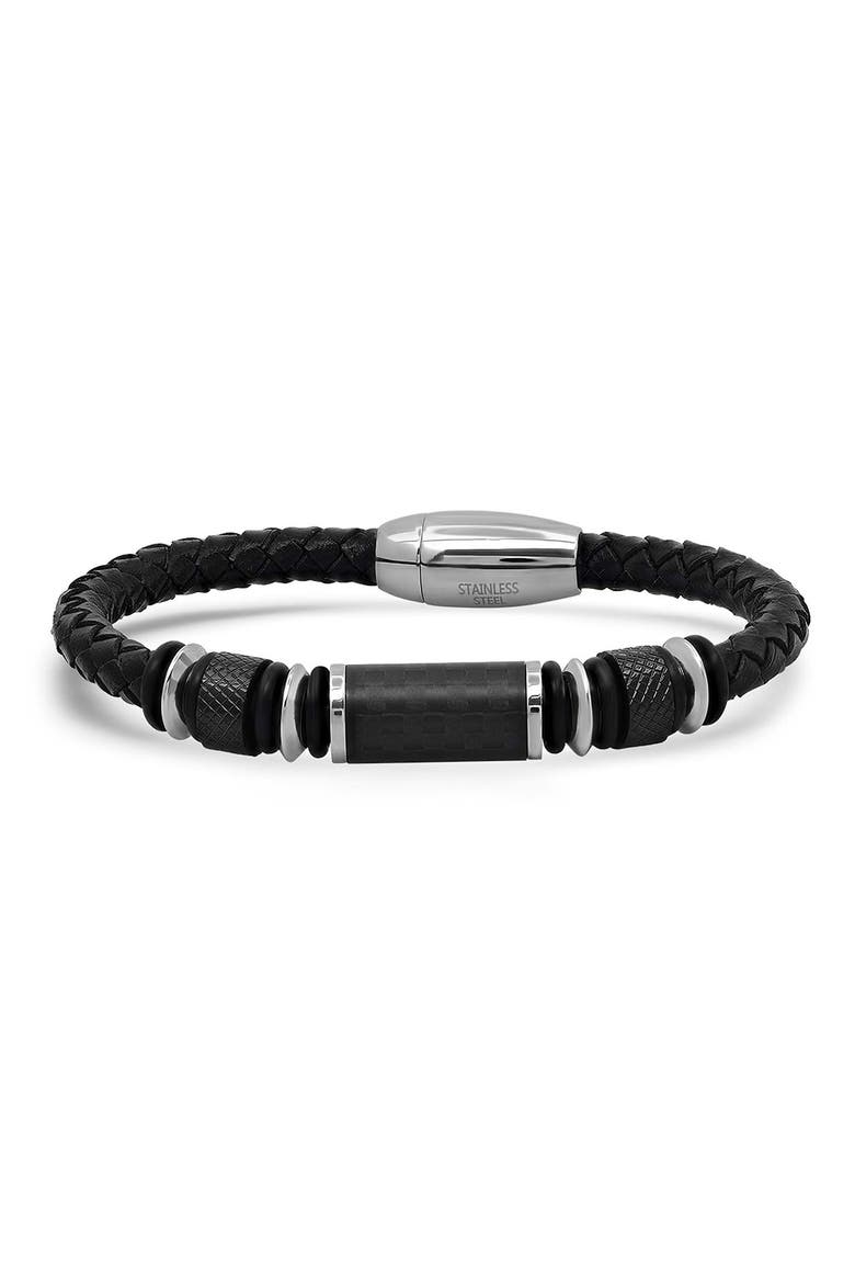 Men's Black Leather Beaded Bracelet, Main, color, BLACK