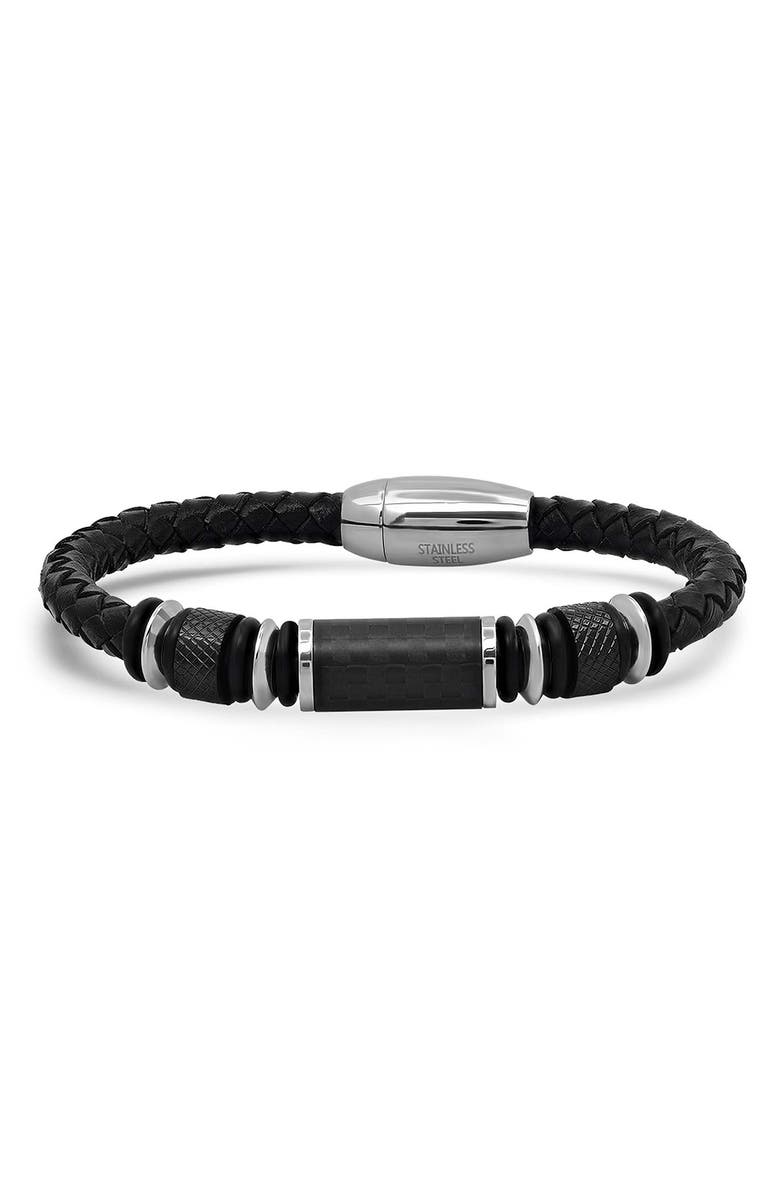 STEELTIME Men's Black Leather Beaded Bracelet, Main, color, Black
