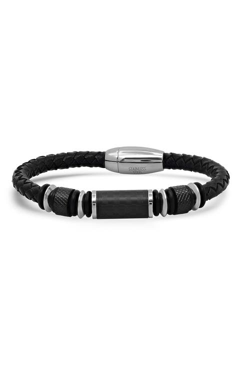 Men's Black Leather Beaded Bracelet