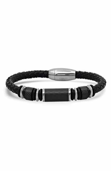 STEELTIME Men's Black Leather Beaded Bracelet