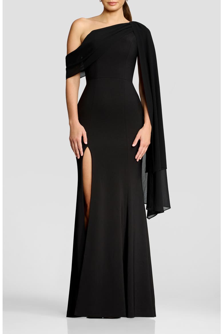 Sera One-Shoulder Cape Gown, Main, color, BLACK