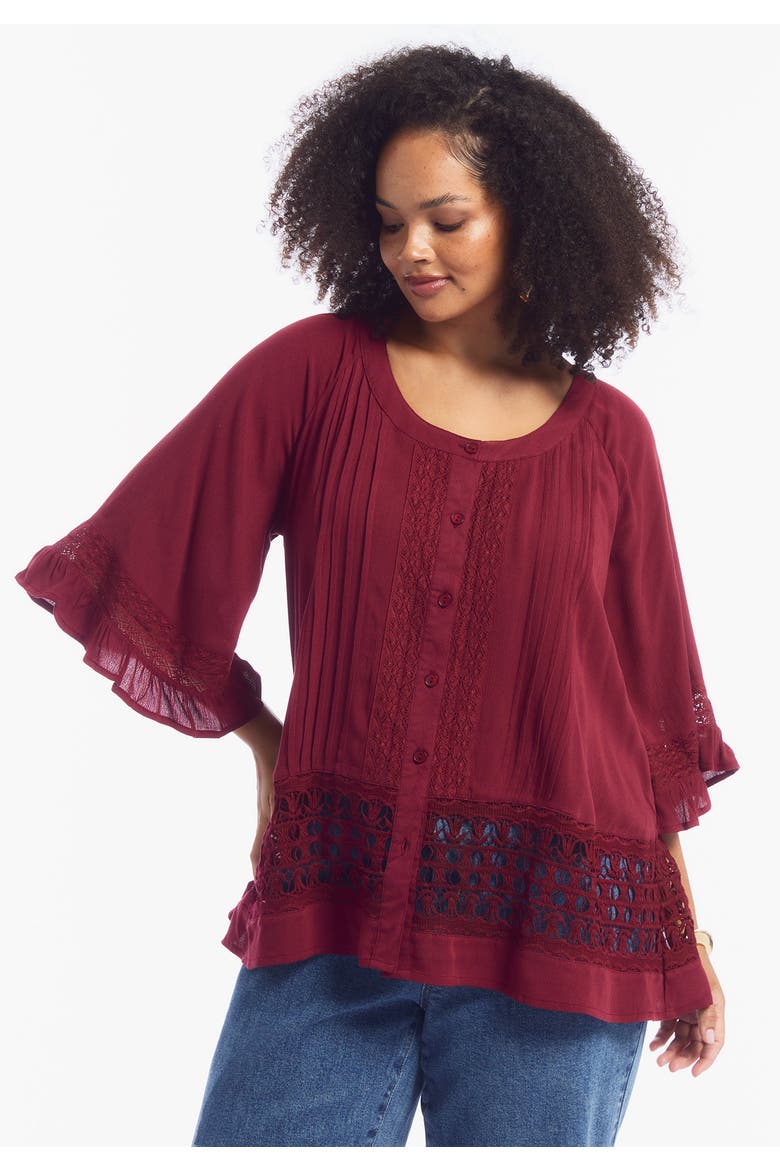 Lace Trimmed Boho Blouse, Alternate, color, CABERNET