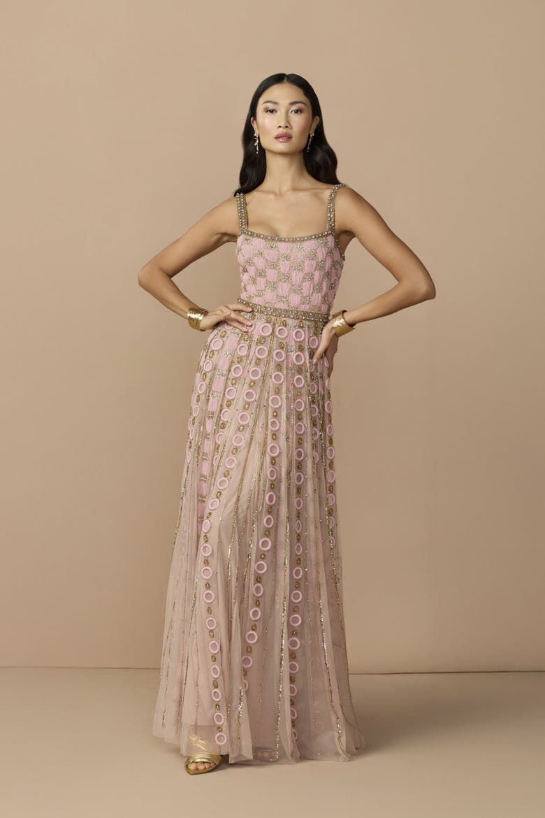 Petite Embellished Mesh A-Line Evening Gown, Alternate, color, Rose