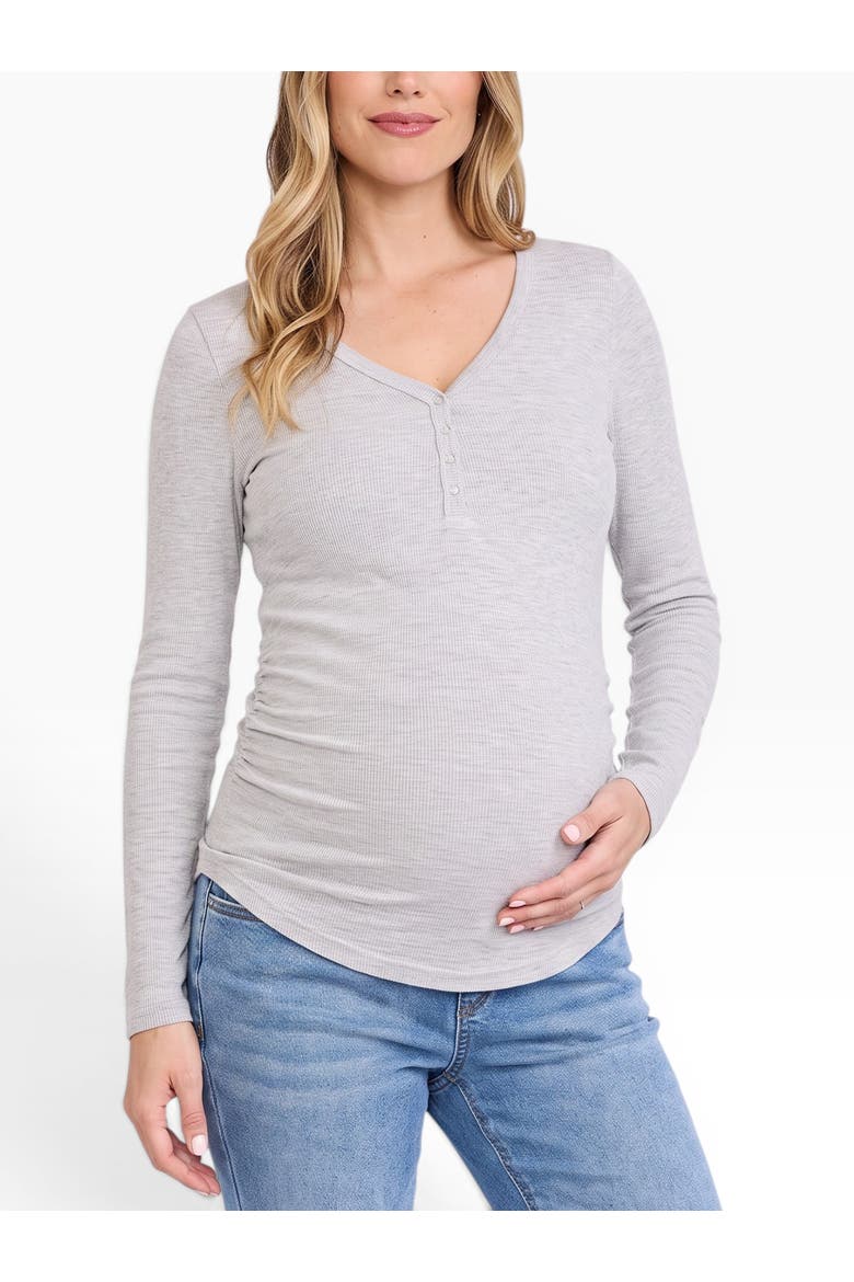 V-Neck Side-Ruched Long Sleeve Henley Tee, Alternate, color, Heather Grey