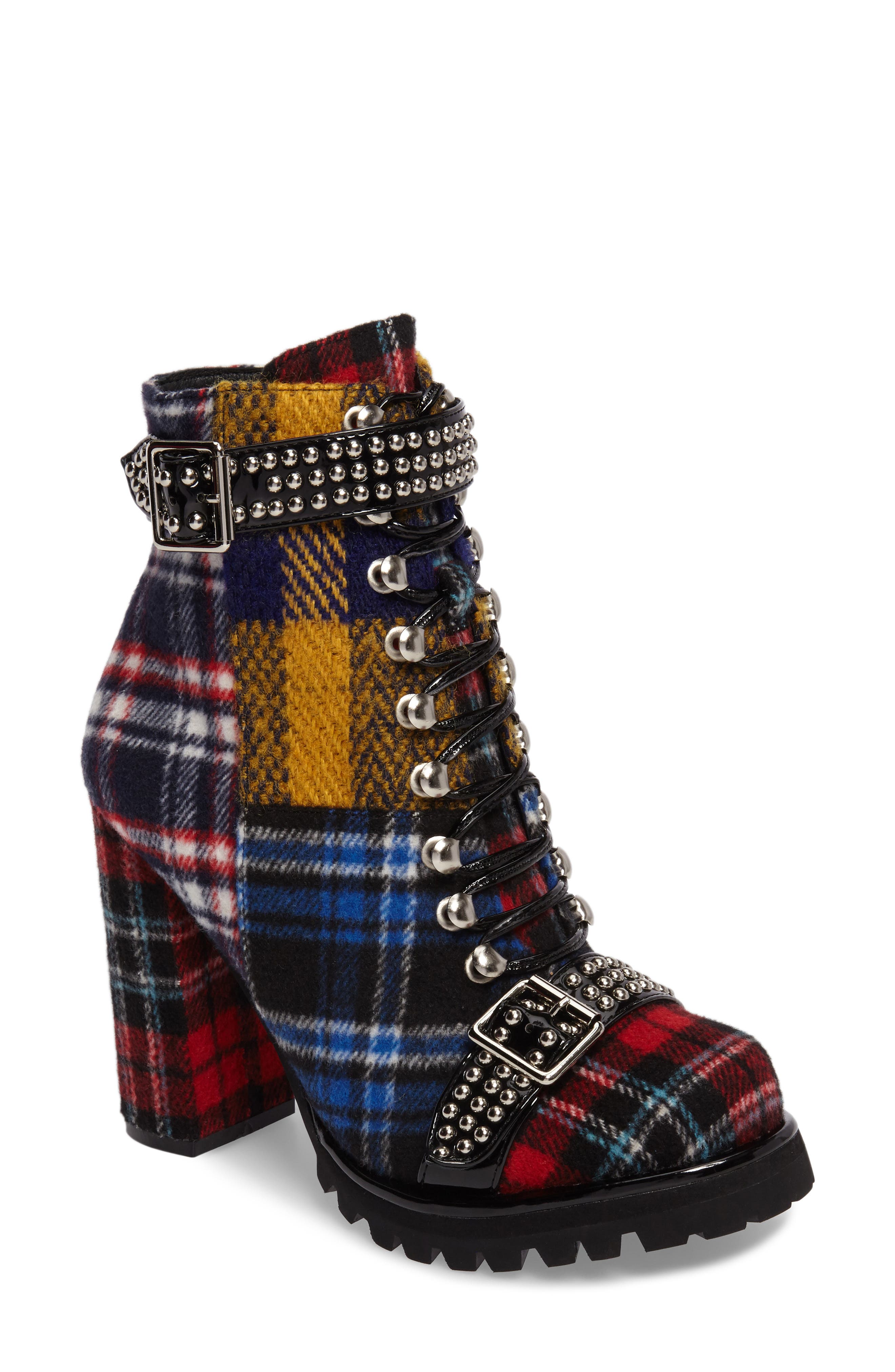 Lilith Block Heel Bootie, Main, color, RED PLAID FABRIC
