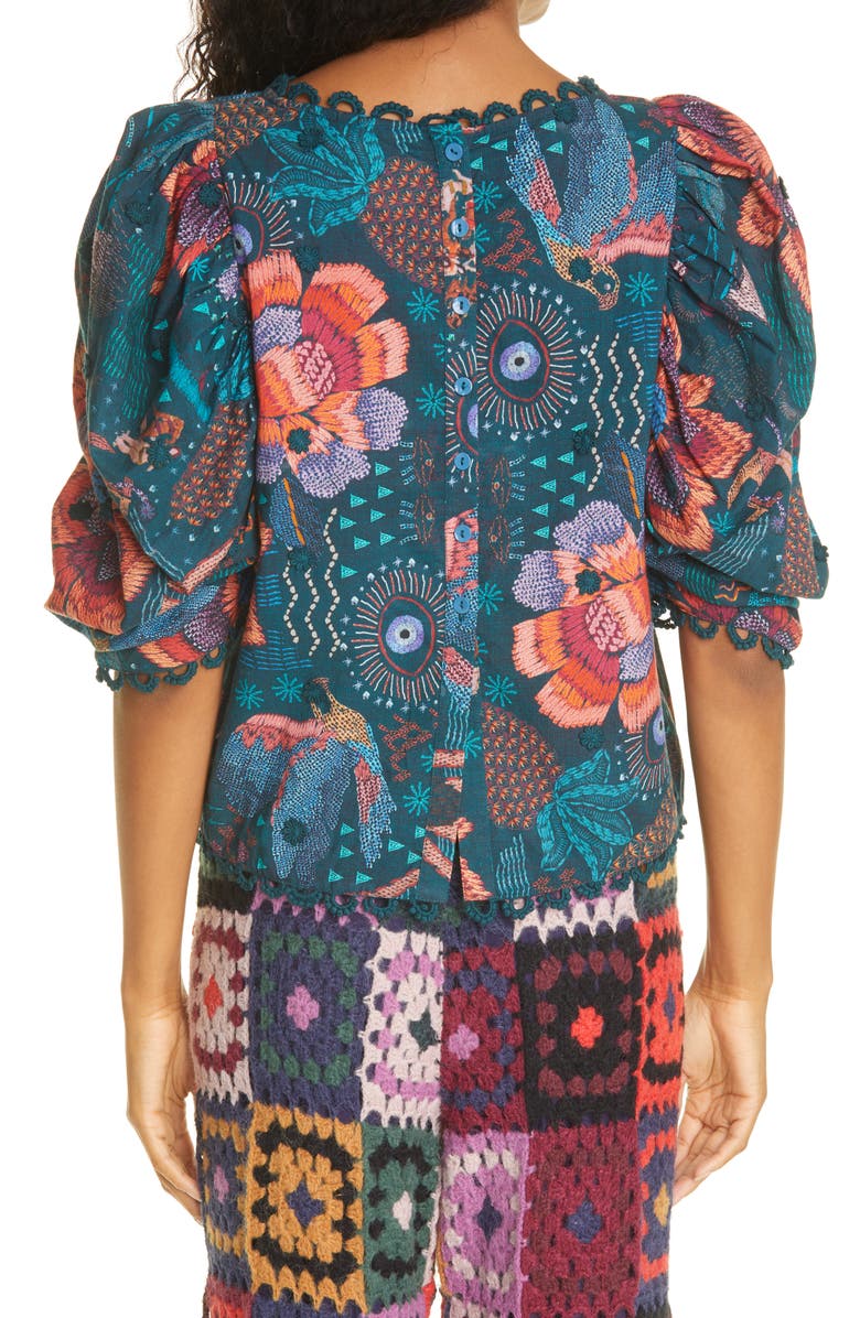 FARM Rio Teal River Creatures Cotton Blouse, Alternate, color, 