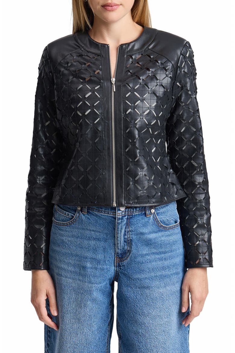 Laser-Cut Faux Leather Jacket, Main, color, BLACK