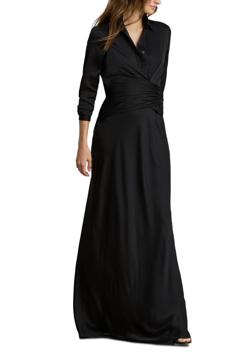 Featherweight Satin Charmeuse Shirtdress Gown, Main, color, BLACK