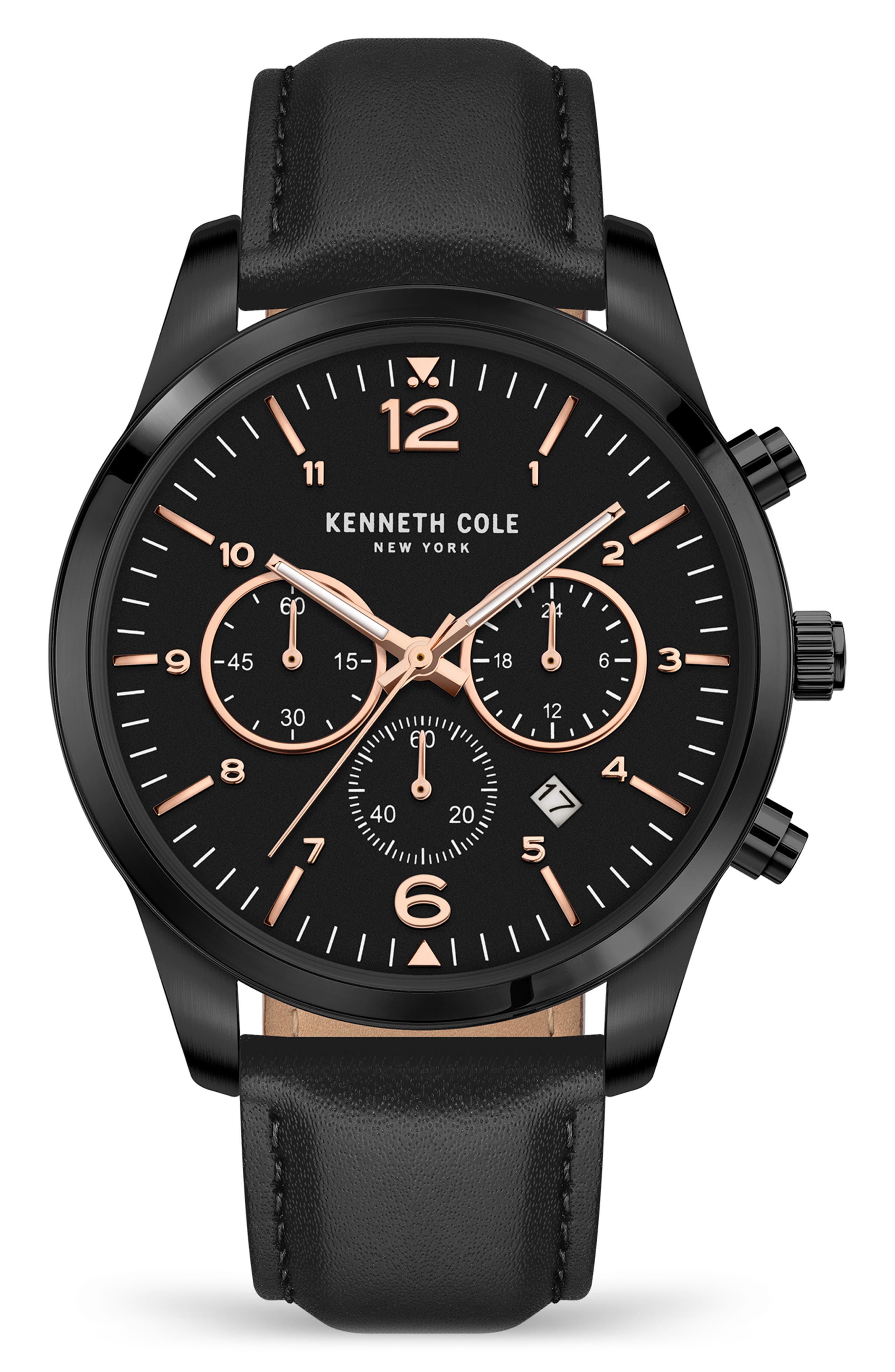 Kenneth Cole New York Three Hand Quartz Chronograph Sport Leather Strap Watch, 44mm