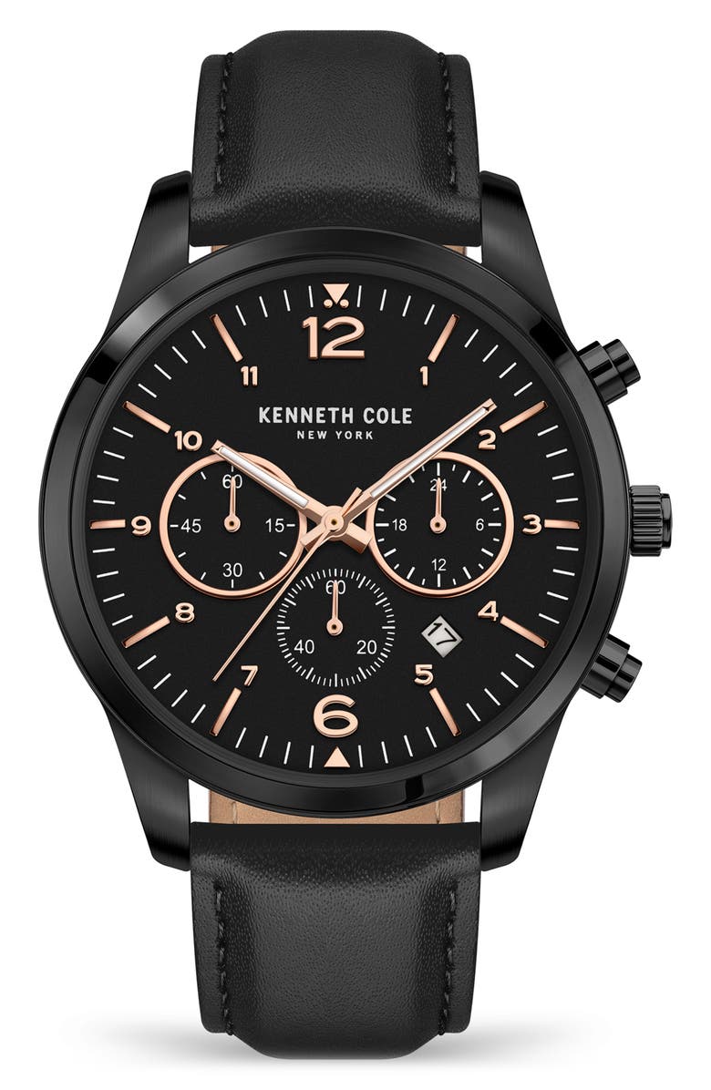 Kenneth Cole New York Three Hand Quartz Chronograph Sport Leather Strap Watch, 44mm, Main, color, Black