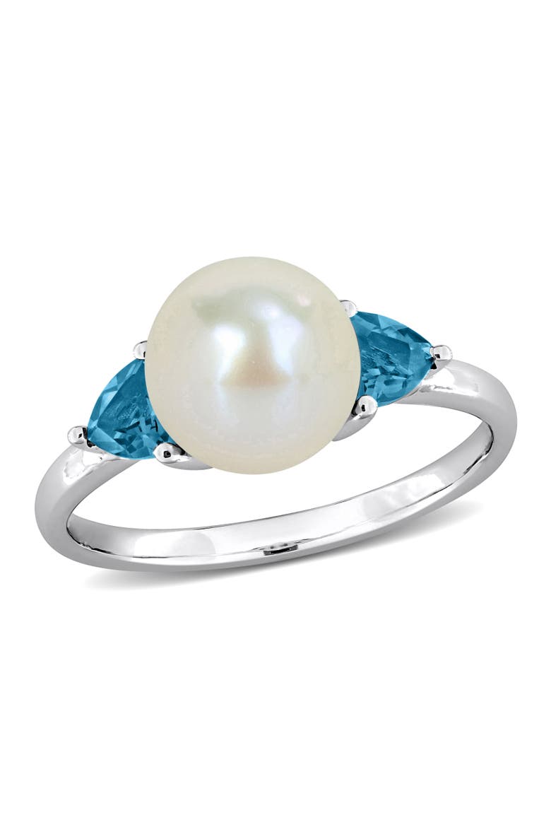 Cultured Pearl & Blue Topaz 3-Stone Ring 10k, Main, color, Blue Topaz
