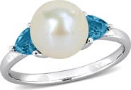 Julianna B. Cultured Pearl & Blue Topaz 3-Stone Ring 10k