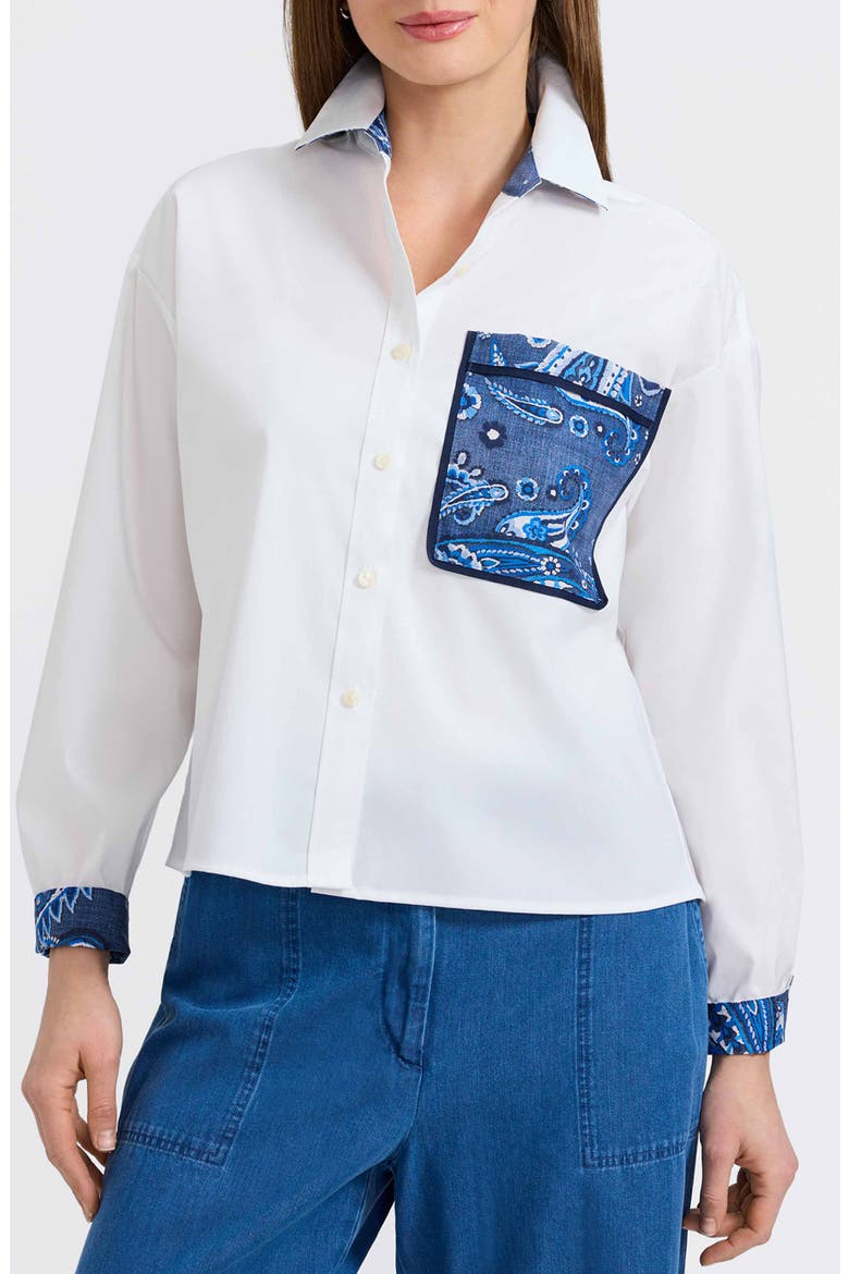 Marina Contrast Trim Cotton Button-Up Shirt, Main, color, WHITE/ MULTI
