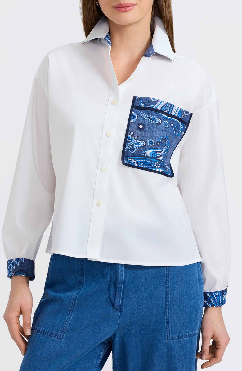 Foxcroft Marina Contrast Trim Cotton Button-Up Shirt, Main, color, White/ Multi