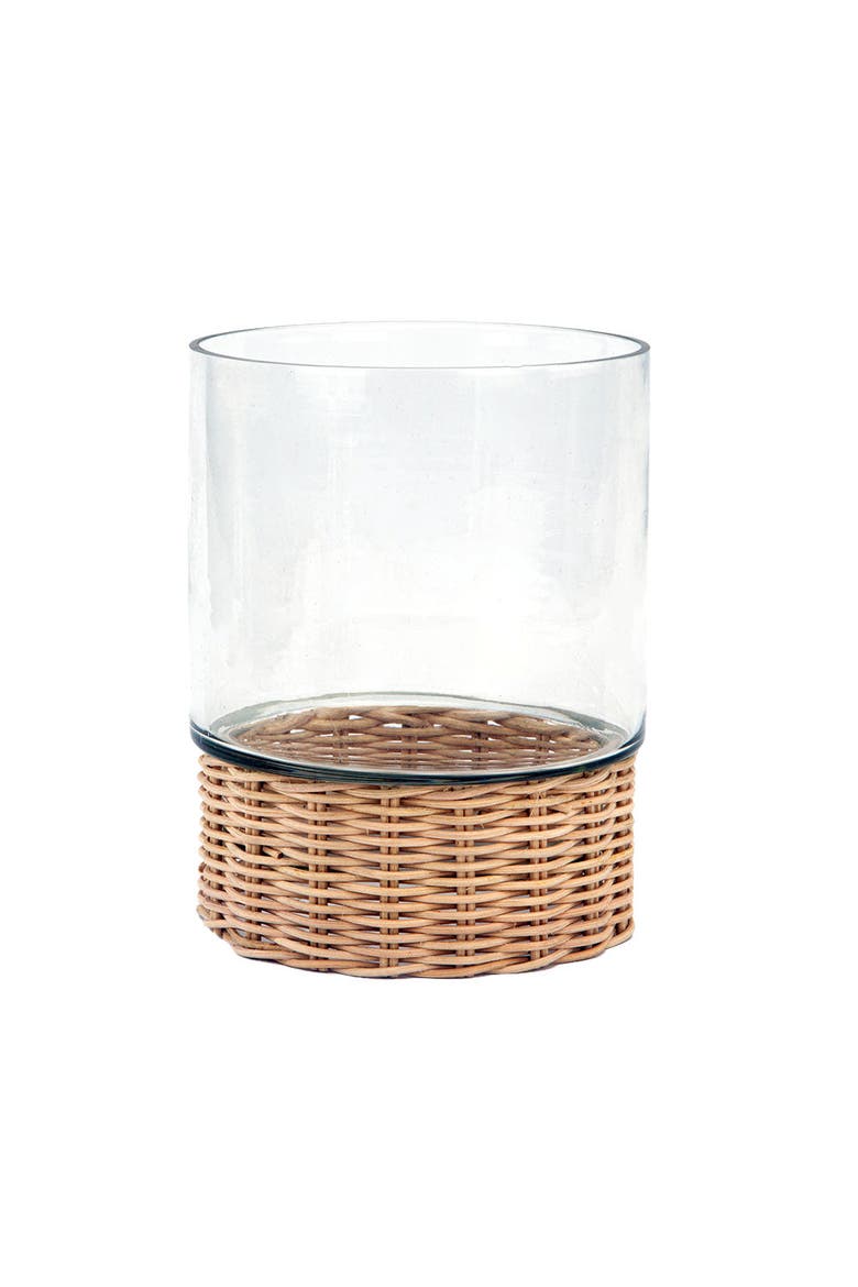 Clear Glass and Rattan Candleholder, Main, color, Glass Wide