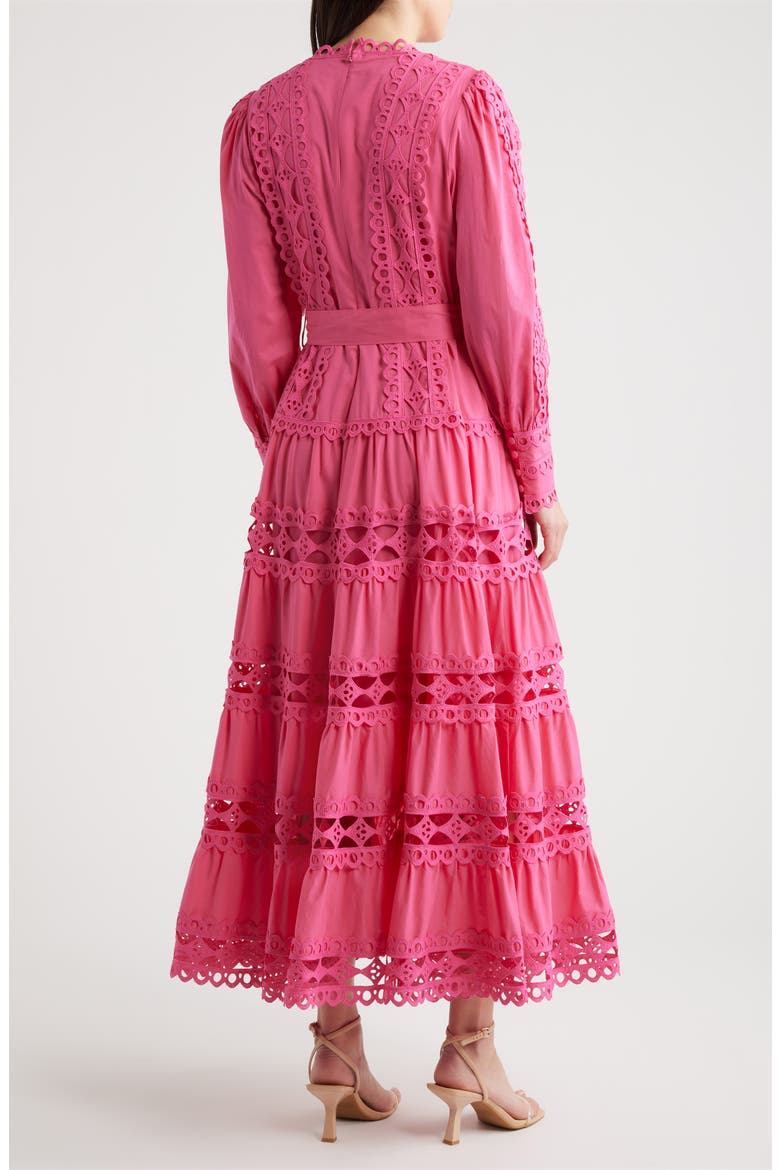 Lace Trim Long Sleeve Cotton Maxi Dress, Alternate, color, HOT PINK