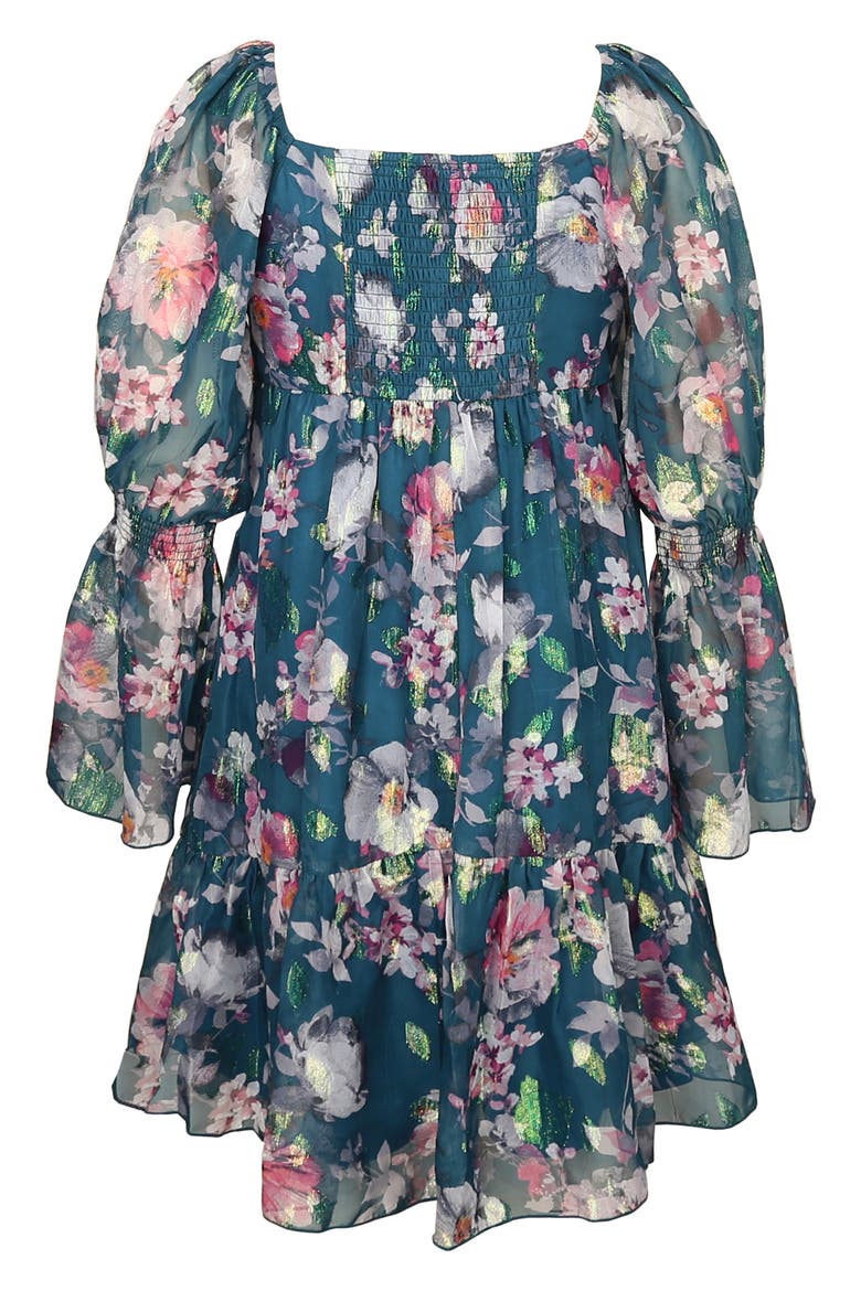 Kids' Metallic Floral Tiered Long Sleeve Babydoll Dress, Alternate, color, TEAL MULTI