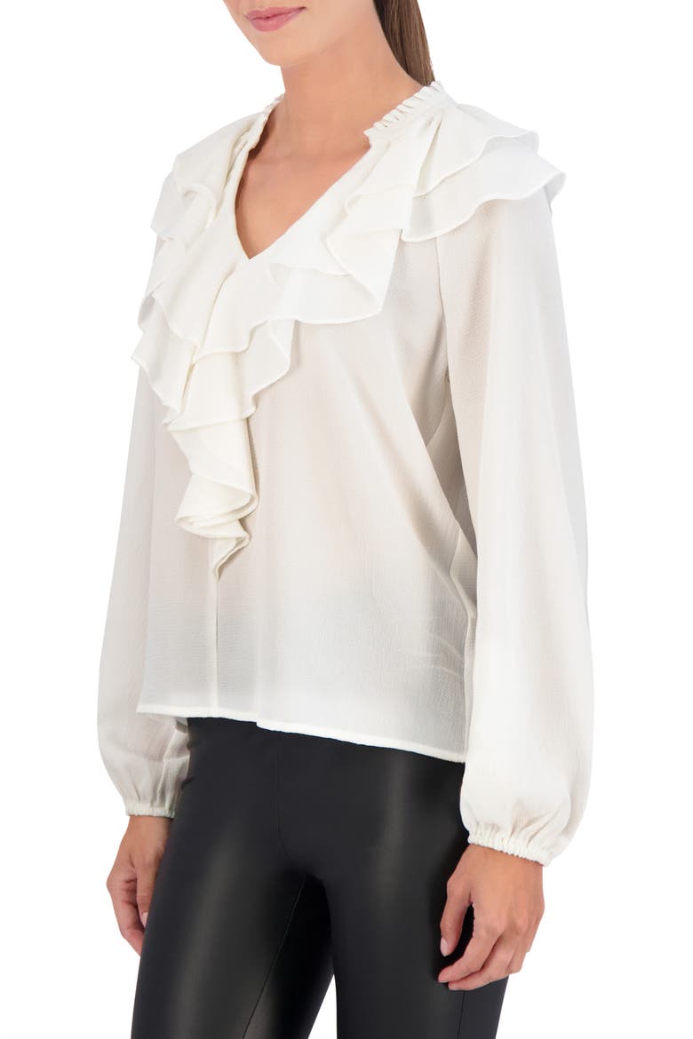 Ruffle Long Sleeve Crepe Top, Alternate, color, WHITE